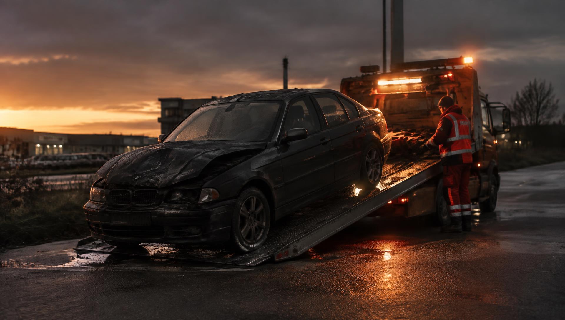Skrotbil læsses på autotransport