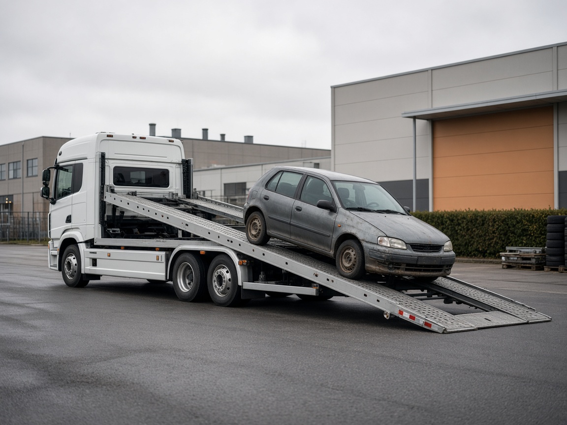 Autotransport henter bil til ophug
